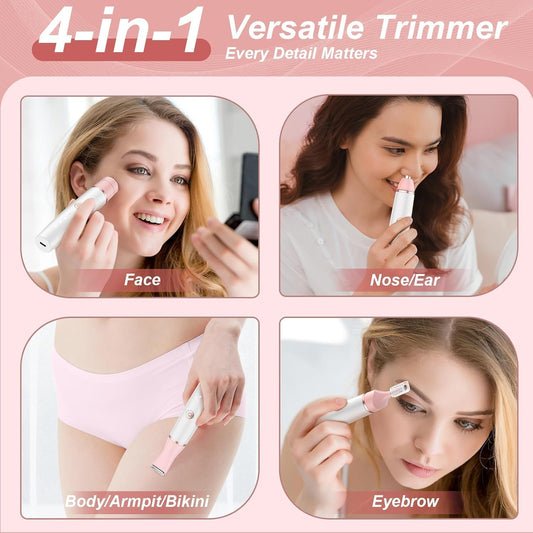 Rasuradora Mujer Zona Intima Afeitadora Mujer: 4 in 1 Recortadora Corporal Indoloro para Facial, Corporal, Pubis, Cejas, Nariz y Oreja Piernas y Axilas Uso en Seco y en Mojad Recargable